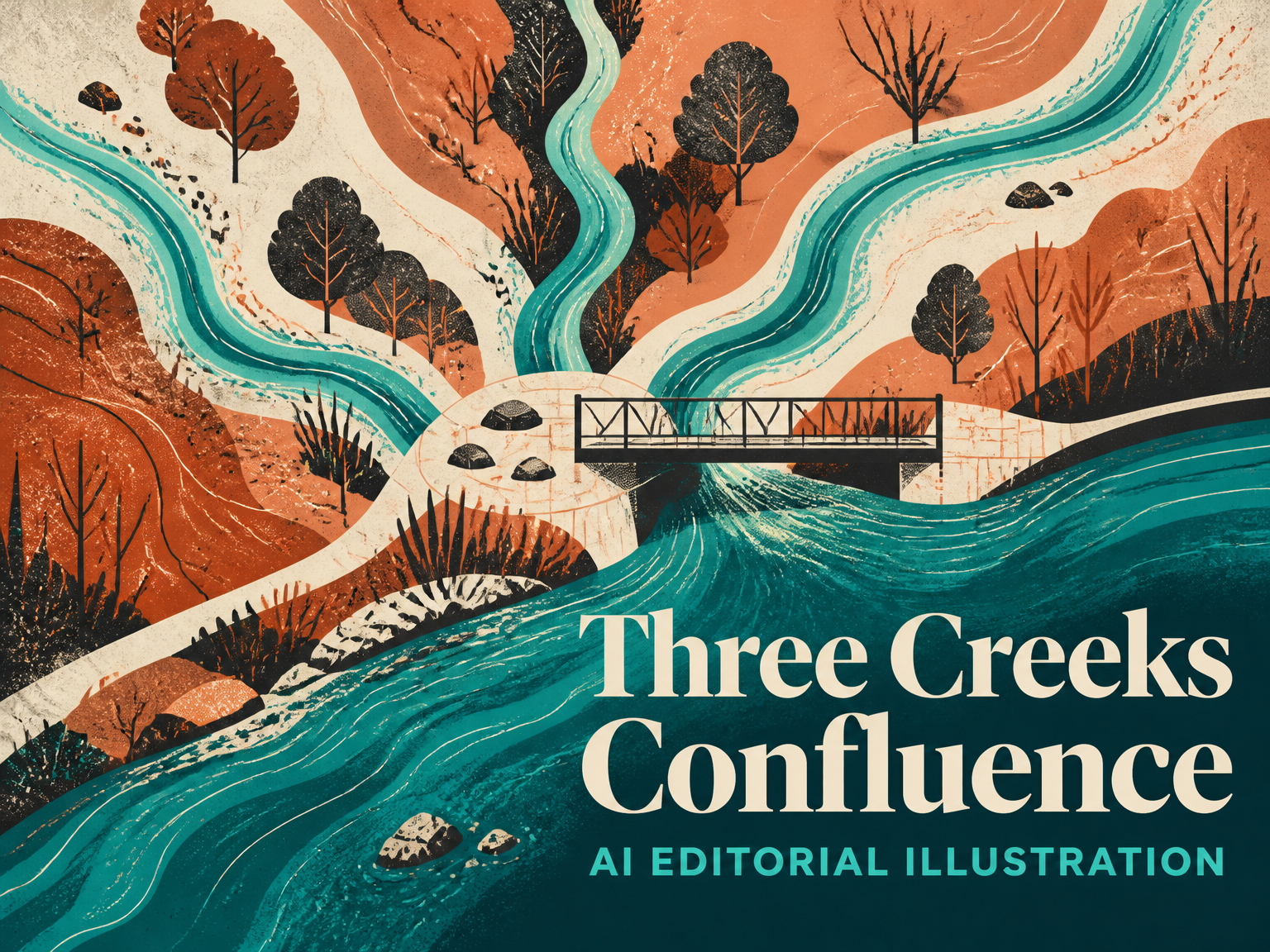 AI-generated editorial illustration for Three Creeks Confluence